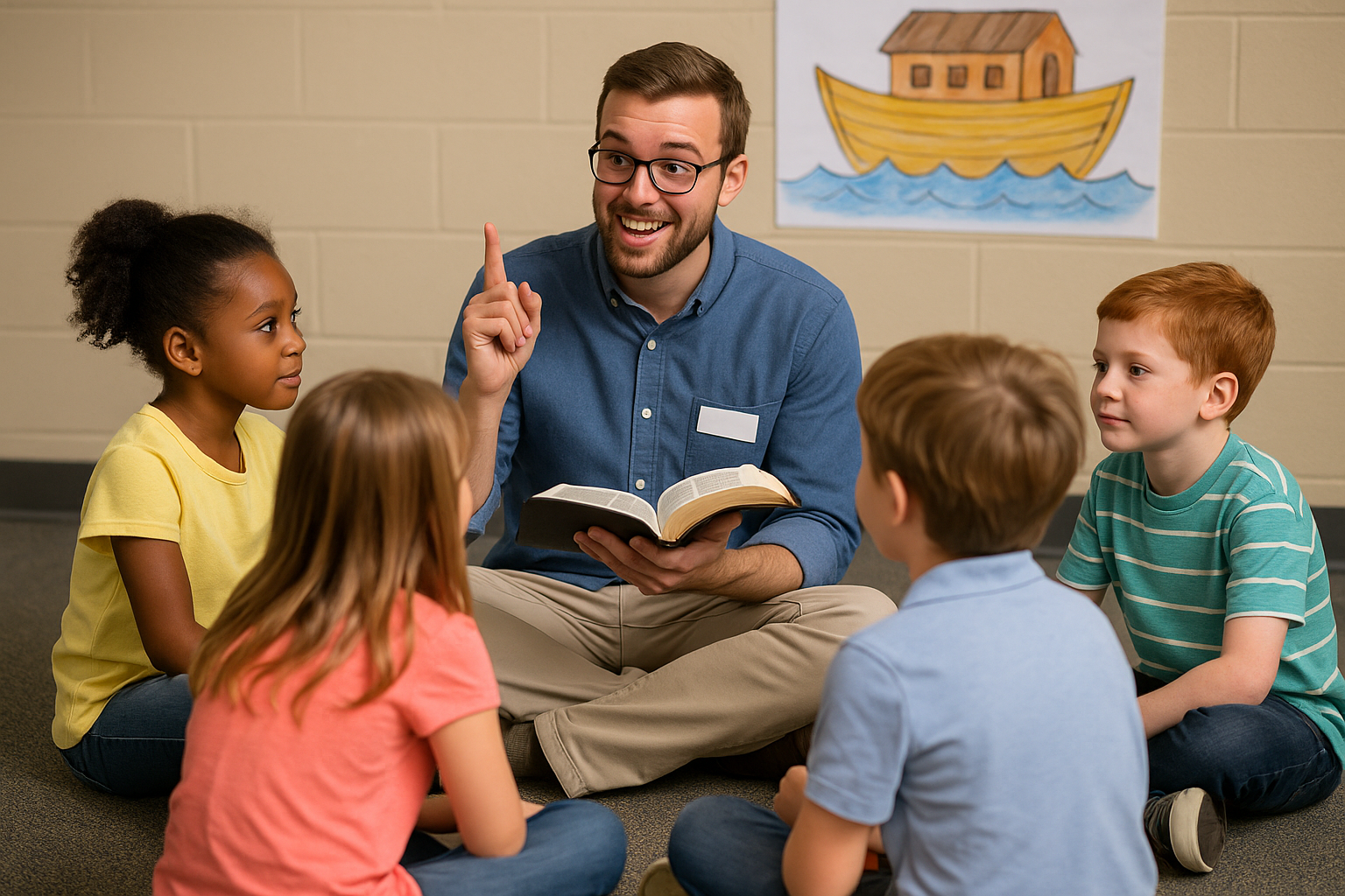 KI-Bild eines Mitarbeitenden, der Kindern aus der Bibel erzählt